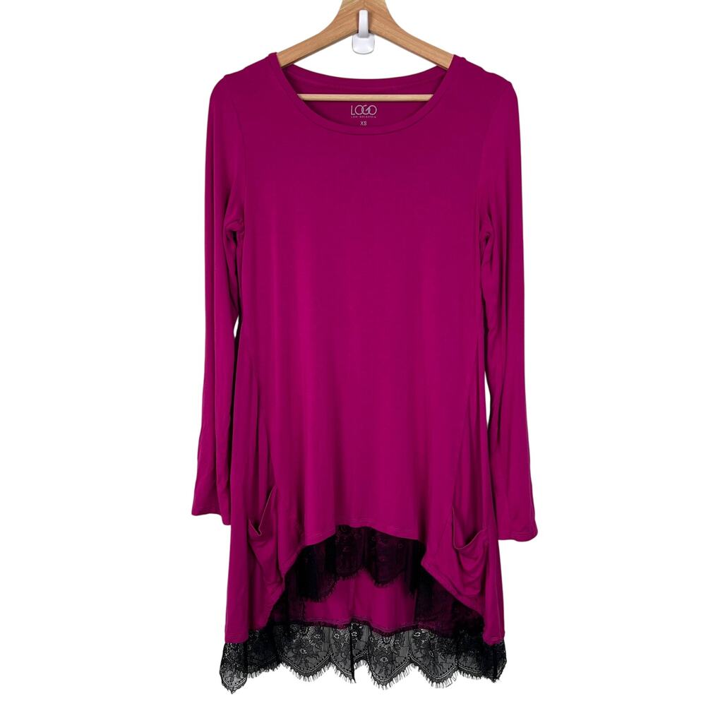 LOGO by Lori Goldstein Magenta Tunic Top Size XS Black Lace Trim High-Low Hem